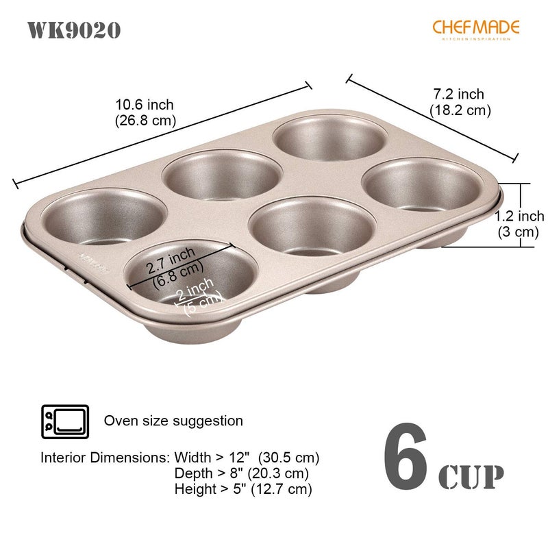 chefmade قالب كعك مافن CHEFMADE، 6 تجويف غير لاصق لصنع الكب كيك، أدوات الخبز للفرن (ذهبي شامبانيا) - Image 2